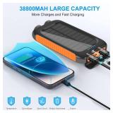 Solar Charger Power Bank, 38800mAh Portable Phone Charger with 1 Type-C & 2 USB-A Ports Built-in Dual LED Flashlight, 15W Fast Charging Waterproof Solar Panel Charger - Retail: