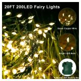 ONLY ONE FairyGlim Outdoor Fairy Lights Battery Operated,20Ft 200LED Green Copper Wire Cluster Lights with Timer,Twinkle Firecracker String Lights, Mini Lights for Christmas Tree Wreath,Warm White,2 P
