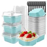 Tikxlafe 50-Pack 5oz Square Aluminum Foil Baking Cups, Disposable Mini Cake Pans with Lids, Brownie & Cheesecake Containers for Baking-blue