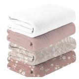 Happy Flute 4Set Muslin Swaddle Blankets Ultra Soft Baby Blanket for Newborns, Receiving Blankets for Baby Girls & Boys Baby Essentials 0-3 Years,40x40inches (Flower)