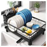 Dish Drying Rack - Small Dish Rack for Kitchen Counter, Stainless Steel Dish Drainer with Utensil Holder and Drainboard, 11 W x 15" L (Black) - Retail: $23"