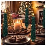 6 Pcs LED Christmas Tree Flameless Taper Candles Real Wax Battery Operated Candlestick Lights with 3D Flame and Remote Timer Window Fireplace(Green, Christmas Tree) - Retail: $28
