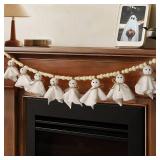 7.2 FT Halloween Garland Ghost Decorations, Adjustable Hanging Cute Ghost Garland Mantel Decor, Handmade Wooden Beads Halloween Banner for Fireplace Home Room Indoor Outdoor Office Wall Party Supplies