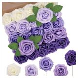 Artificial Flowers 50Pcs Fake Foam Rose Purple Flowers with Stems Lavender for DIY Wedding Bridesmaid Bridal Bouquets Centerpieces Party Home Decoration(Series Purple) - Retail: $20
