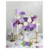 Artificial Flowers 50Pcs Fake Foam Rose Purple Flowers with Stems Lavender for DIY Wedding Bridesmaid Bridal Bouquets Centerpieces Party Home Decoration(Series Purple) - Retail: $20