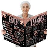 Large 80th Birthday Card for Women with Envelope, Black Rose Gold Happy 80th Birthday Guest Book Gifts Jumbo Eighty Greeting Card 1945 Decorations Party Supplies - Retail: $10