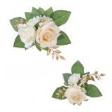 2-Piece Artificial Rose Flower Cake Toppers Set, 9.5 Inch Orange and Peach Roses with Gold Leaves, Wedding Birthday Party Cake Decorations (White) - Retail: $10