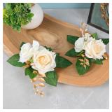 2-Piece Artificial Rose Flower Cake Toppers Set, 9.5 Inch Orange and Peach Roses with Gold Leaves, Wedding Birthday Party Cake Decorations (White) - Retail: $10