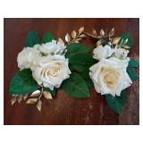 2-Piece Artificial Rose Flower Cake Toppers Set, 9.5 Inch Orange and Peach Roses with Gold Leaves, Wedding Birthday Party Cake Decorations (White) - Retail: $10