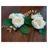2-Piece Artificial Rose Flower Cake Toppers Set, 9.5 Inch Orange and Peach Roses with Gold Leaves, Wedding Birthday Party Cake Decorations (White) - Retail: $10