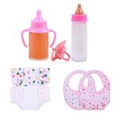 Baby Doll Accessories Set 7 Pcs Feeding and Caring Set with Magic Disappearing Bottles, Pacifier, Diapers and Bibs Doll Pretend Play Gift for Kids - Retail: $10
