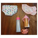 Baby Doll Accessories Set 7 Pcs Feeding and Caring Set with Magic Disappearing Bottles, Pacifier, Diapers and Bibs Doll Pretend Play Gift for Kids - Retail: $10