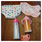 Baby Doll Accessories Set 7 Pcs Feeding and Caring Set with Magic Disappearing Bottles, Pacifier, Diapers and Bibs Doll Pretend Play Gift for Kids - Retail: $10