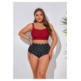 Hanna Nikole Plus Size High Waist Swimsuit V Neck Bathing Suit and Pants Set Red and Polka Dots 12 Plus - Retail: $32
