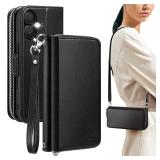 iPhone 17 Crossbody Wallet Case - Stylish PU Leather Handbag Phone Purse with Zipper Closure, Card Slots & RFID Blocking - Wrist Strap, Lanyard, Kickstand - Black - Retail: $31