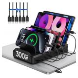300W Charging Station for Multiple Devices, 8 Port Multi USB C Fast Charger Station Dock for MacBook iPhone 17/16/15/14/13/12 Samsung Pixel Series iPad, Black (6 Mixed Short Cables Included) - Retail: