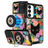 for Samsung Galaxy A25 5G Phone Case - [2in1] Women Cute Girls Phone Cover Girly Kawaii Cat Flower Pretty Camera Cover Compatible with MagSafe Ring Holder Stand for Samsung A25 5G Cases 6.5â - Re