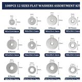 ZQZ 108Pcs Flat Washers, 304 Stainless Steel Fender Washers Assortment, 12 Different Sizes Wide Washer M3 M4 M5 M6 M8 M10 M12 Assorted Flatwashers Kit - Retail: $10