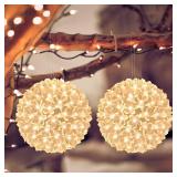 Lewondr Christmas Window Lights 2 Pack, Outdoor Christmas Lights Cherry Blossom Sphere Light Ball, Battery Powered Indoor Hanging Light for Xmas Decoration with Timer Function, Warm White - Retail: $4