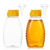 ONE LID DAMAGED Xelsluthe 2 Pack Empty Plastic Honey Bottles with Funnel 180ml /6oz Bottles Plastic Honey Dispenser Refillable Leakproof Honeys Dispenser for Storing and Dispensing Mustard Dressing - 