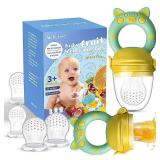 Baby Fruit Food Feeder Pacifier - Fresh Teething Pacifiers, Infant Fruit Teething Teether Toy for 3-24 Months, 6 Pcs Silicone Pouches for Toddlers & Kids & Babies, Piggy Handle 2-Pack (Yellow) - Retai