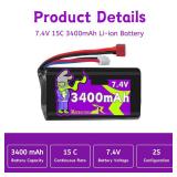 2S 7.4V Li-ion 3400mAh Battery with Dean-Style T Plug,Rechargeable Capacity RC Batteries Fit for Most 1/10, 1/12, 1/16 Scale RC Cars and Trucks WLtoys 4WD Speed RC Cars - Retail: $26