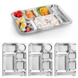 Fasmov 4 Pack Stainless Steel Rectangular Divided Dinner Tray, 6 Sections Stainless steel Metal Plate for Adults, Picky Eaters, Campers, and Portion Control - Retail: $19