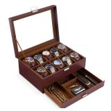 NO GLASS PLATE ON TOP ProCase Watch Box, 10 Slot Watches Display Case with Drawer, Mens Watch Case with Glass Lid, 2-Layer Mens Jewelry Organizer Storage Holder, Birthday Valentine Gifts for Men -10 S