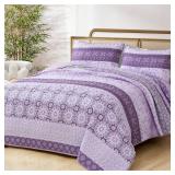 WONGS BEDDING Boho Quilt Queen Set,Purple Bohemian Striped Patchwork Bedspread Coverlet Set with 2 Pillowcases,Lightweight Microfiber Floral Quilt Bedding Set 96\"Ã90\" - Retail: $42