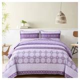 WONGS BEDDING Boho Quilt Queen Set,Purple Bohemian Striped Patchwork Bedspread Coverlet Set with 2 Pillowcases,Lightweight Microfiber Floral Quilt Bedding Set 96\"Ã90\" - Retail: $42