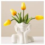 Wadiy Ceramic Face Vase, White Flower Vases for Decor Female Form Head Half Body Vase Boho Unique Decorative Modern Style for Home Living Room Office Book Shelf (Medium) - Retail: $14