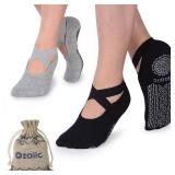 Ozaiic Pilates Socks for Women Non Slip Grip, Yoga Socks with Grippers for Barre, Hospital, Ballet, Dance, Barefoot Workout (2 Pairs- Black/Gray, one_size) - Retail: $22