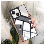 LUVI Compatible with iPhone 14 Mirror Rectangle Case for Women Makeup Cute Luxury Glossy Glass Mirror Back Design with Silicone Bumper Slim Thin Case Fashion Protective Shockproof Cover Silver - Retai
