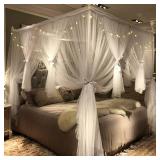 Joyreap 4 Corners Post Canopy Bed Curtain for Girls & Adults - Royal Luxurious Cozy Drapes - Cute Princess Bedroom Decoration Accessories (White, Full/Queen) - Retail: $40