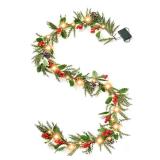 CENMORISE 6ft 20 LED Christmas Garland with Holly Pines,Battery Operated Garland with Timer, Red Berry Garland with Lights for Indoor Mantle Fireplace Stair Home Holiday Decoration - Retail: $27