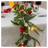 CENMORISE 6ft 20 LED Christmas Garland with Holly Pines,Battery Operated Garland with Timer, Red Berry Garland with Lights for Indoor Mantle Fireplace Stair Home Holiday Decoration - Retail: $27