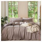 MooMee Bedding Duvet Cover Set 100% Washed Cotton Linen Like Textured Breathable Durable Soft Comfy (Heathered Mauve Brown, King 104\"x90\") - Retail: $80