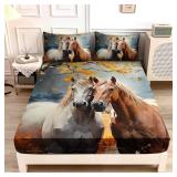 UEVBF White Brown Horses Fitted Sheets Twin Size,Watercolor Painting Autumn Leaves Bedding Set for Kids Bedroom Horse Decor,Natural Scenery Aesthetics Fitted Sheets,1 Fitted Sheet+2 Pillowcases. - Ret