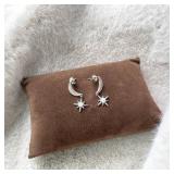 925 Sterling Silver Cubic Zirconia Dangle Crescent Moon and Star Opal Drop Earrings