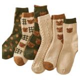 6 Pair Cute Cotton Kawaii Bear Ankle Socks - Preppy Ruffle Japanese Thick Fall Vintage Crew Socks for Women