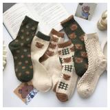 6 Pair Cute Cotton Kawaii Bear Ankle Socks - Preppy Ruffle Japanese Thick Fall Vintage Crew Socks for Women