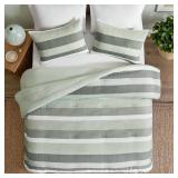 King Comforter Set, 3 Pieces Striped Bed Set, Soft Brushed Microfiber Reversible Bedding Set for All Season, Lightweight & Breathable Bedding Set with Comforter & Shams, Sage Green