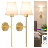 NIORSUN Battery Operated Wall Sconce Set of 2,Gold Rechargeable Wall Lights with 5200mAh Dimmable Bulbs and Remote,10 Colors Wireless Wall Lamps for Bedroom Living Room Hallway Decor
