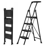 XinSunho 4 Step Ladder, Foldable Handrail & Tool Tray Stool Ladders with Anti-Slip Wide Pedal, 660 lbs Sturdy Steel Ladder for Home Kitchen and Outdoor