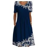 Akivide Boho Floral Print Dress for Women Summer Casual Colorful Front Pleated Crewneck Short Sleeve Midi Dresses with Pocket