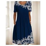 Akivide Boho Floral Print Dress for Women Summer Casual Colorful Front Pleated Crewneck Short Sleeve Midi Dresses with Pocket