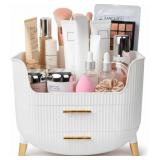 Makeup Organizer with Drawers, Skincare Storage Box for Vanity, Multiple Compartments, Portable Cosmetic Display Case with Handle, Large Make up Organizers for Dresser, Bathroom, Bedroom, White