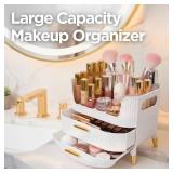 Makeup Organizer with Drawers, Skincare Storage Box for Vanity, Multiple Compartments, Portable Cosmetic Display Case with Handle, Large Make up Organizers for Dresser, Bathroom, Bedroom, White
