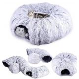 Cat Tunnel Bed for Indoor Cats - Large 3-in-1 Donut Tunnel, Peekaboo Cave With Washable Cushion, Multifunctional Toys for Cats and Rabbits (No Plush)