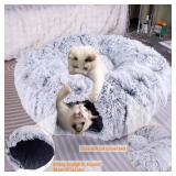 Cat Tunnel Bed for Indoor Cats - Large 3-in-1 Donut Tunnel, Peekaboo Cave With Washable Cushion, Multifunctional Toys for Cats and Rabbits (No Plush)